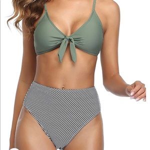 NWT - High Waist Bikini - Olive Green And Striped